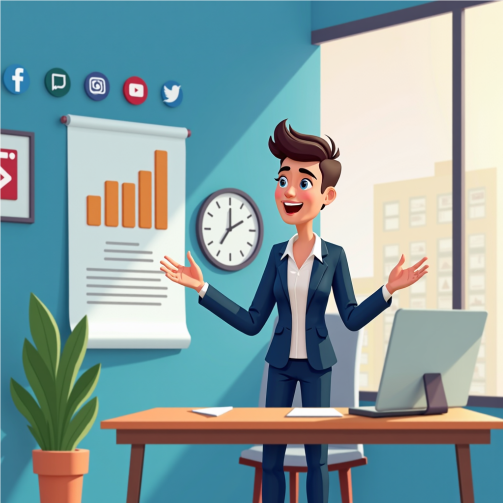 A professional 2D animated business video featuring a business owner presenting a product with engaging motion graphics, social media icons, and marketing elements.