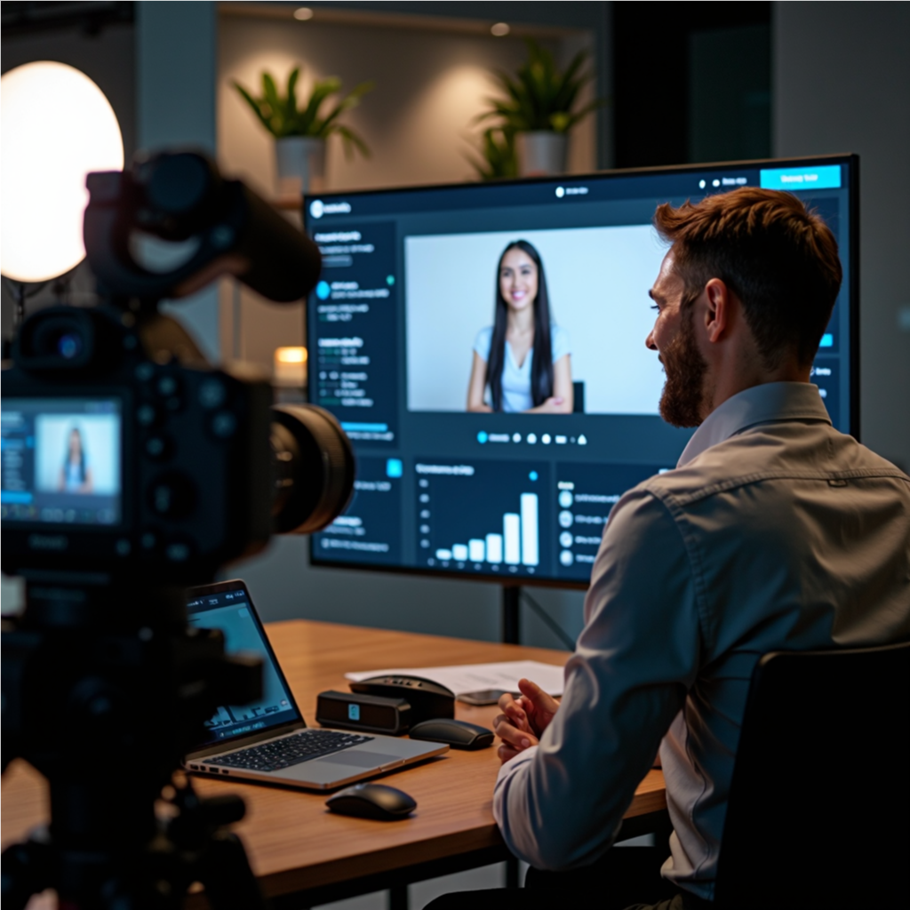  A business owner reviewing video performance metrics on a large screen, analyzing conversion rates, with a modern digital marketing setup and professional lighting.