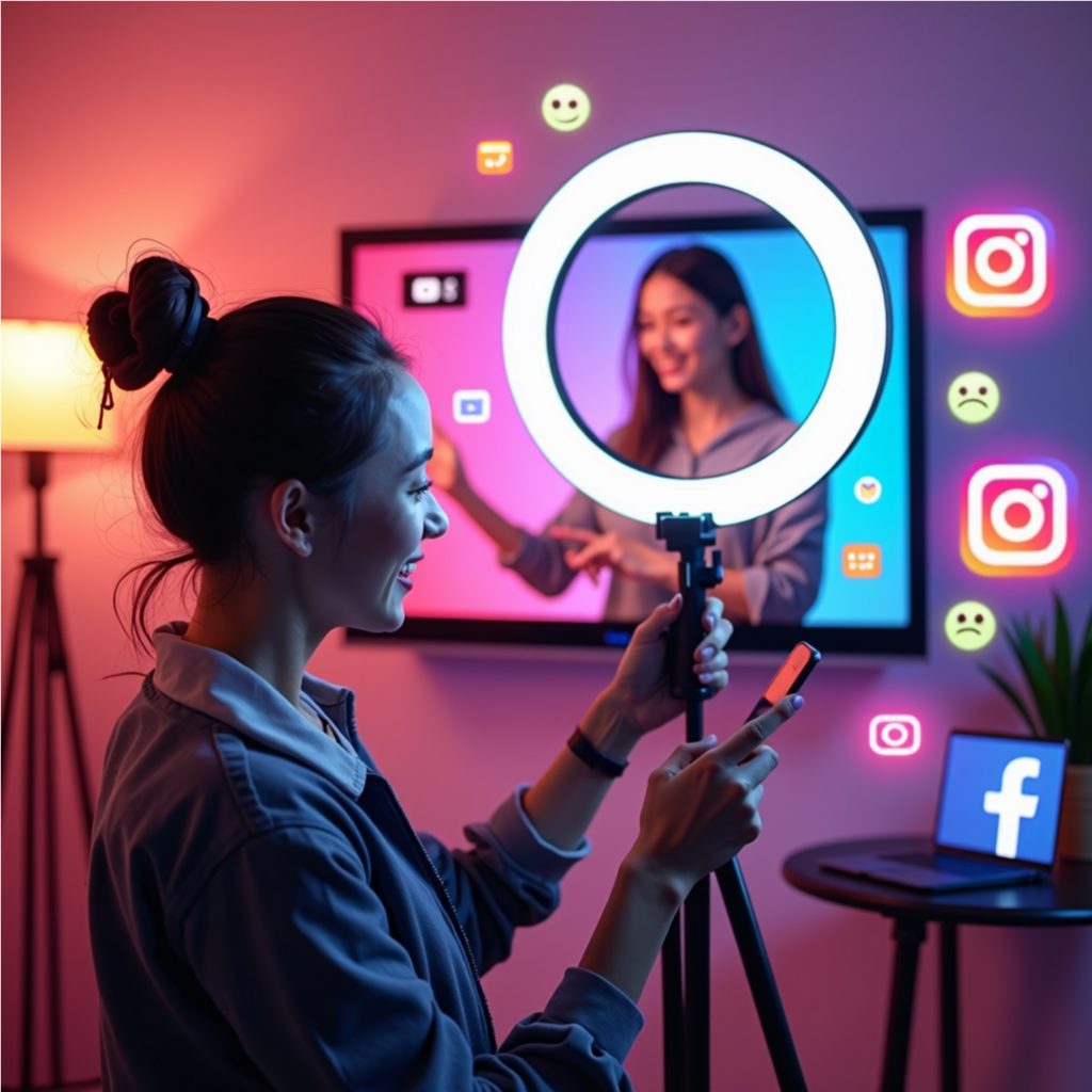 A content creator recording a video using a ring light and smartphone, with floating social media icons and engagement metrics like likes, comments, and