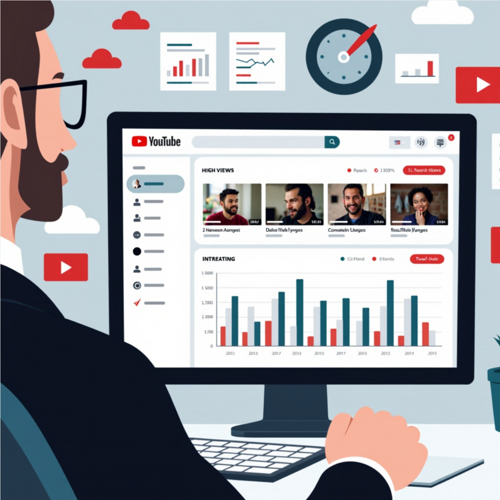 A marketing expert analyzing a YouTube analytics dashboard, with high-ranking videos, search bar elements, and trending charts in a sleek, high-tech environment.